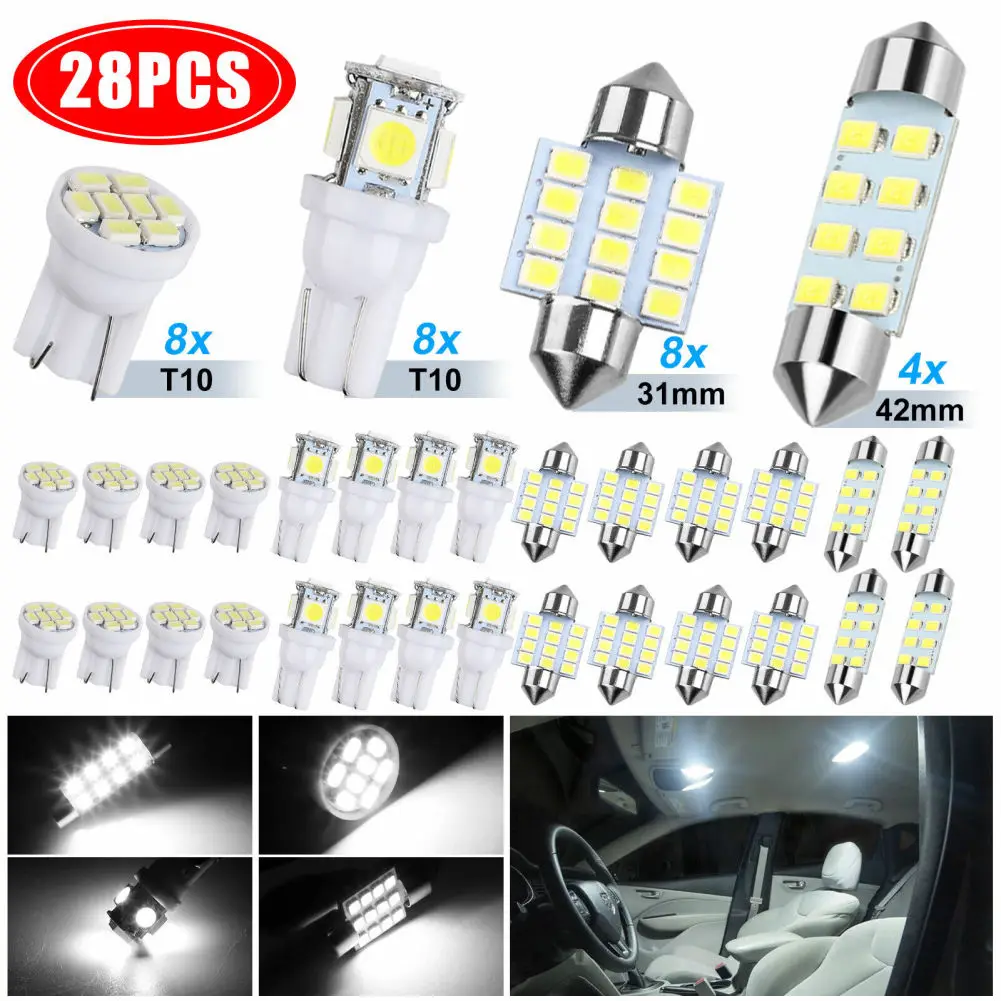 

28pcs Led Interior Light Bulbs Kit T10 31mm 42mm 6000k Dome License Plate Lamp Bulb Car Trunk Replacement Parts 12v Led Lights