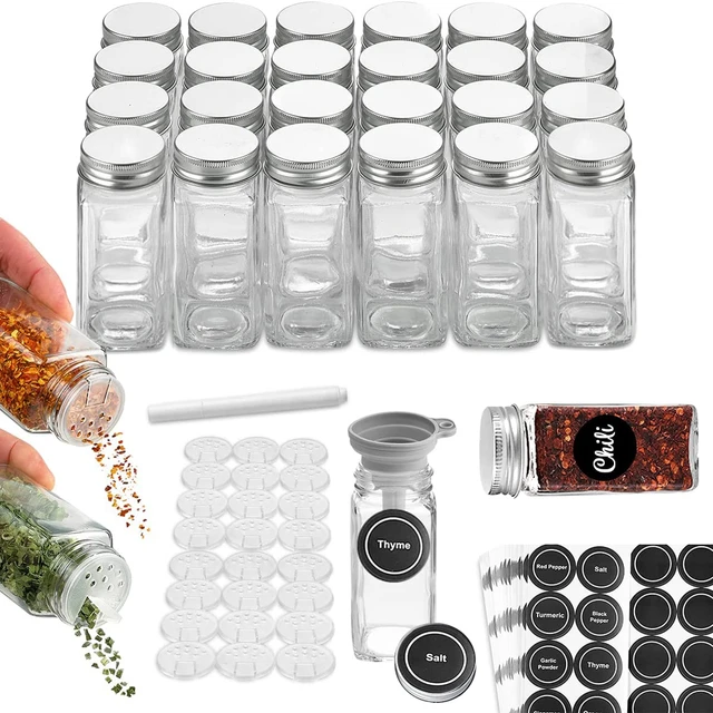 36 Pcs Glass Spice Jars with Spice Labels - 4oz Empty Square Spice Bottles  - Shaker Lids and Airtight Metal Caps