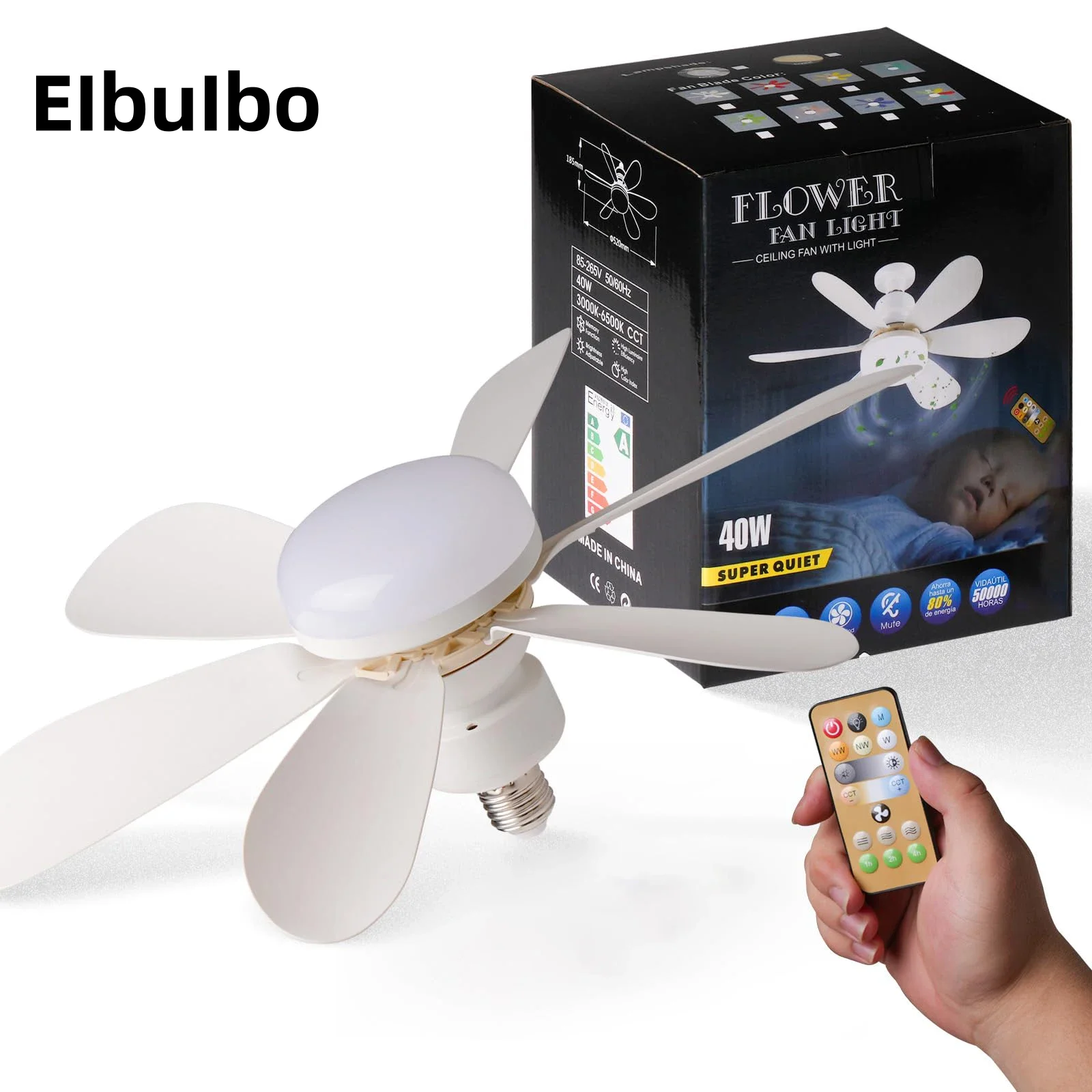 Elbulbo E27 LED 30W/40W Ceiling Fan, Intelligent Remote Control E27 Base, Bedroom and Dining Room, Silent Ceiling Fan Light