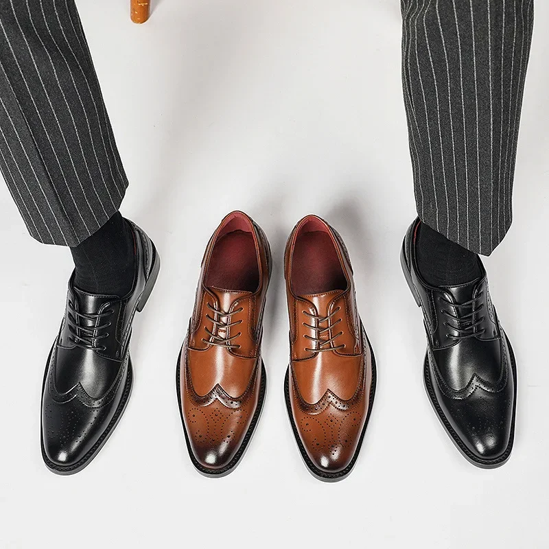 Men Height Increasing Leather Shoes Genuine Leather Brogue 6CM Increase Formal Dress Shoe Business Office Shoes