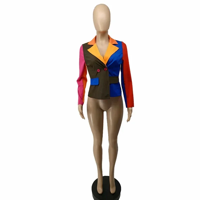 Indie Contrast Colors Blazer Women Patchwork V-Neck Single Button Casual Office Blazer with Fake Pocket Plus Size New Work Wear
