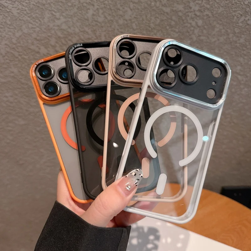 Sleek Clear Acrylic Magnetic Phone Case with Metal Frame and Wireless Charging Compatibility