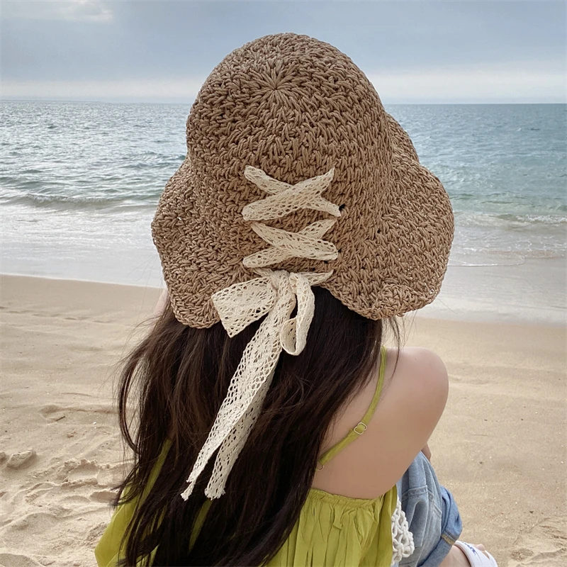 

Hat Female Straw Hat Korean Version Tide Everything Japanese Summer Thin Style Breathable Lace Bow Hollowed Out Hat