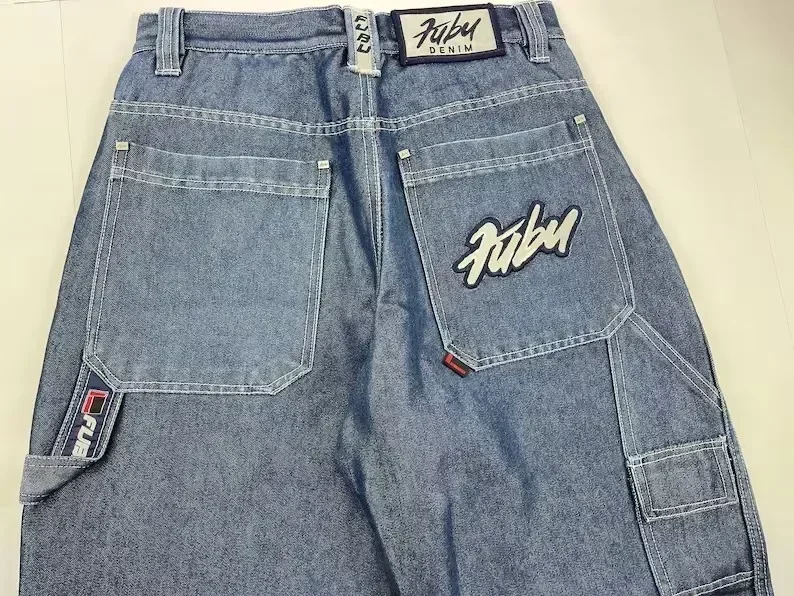 FUBU Jeans Retro Loose Jeans Pocket Embroidery Punk New Hip Hop Rock Men and Womens Streetwear Daily High Waisted Wide Leg Jeans 3