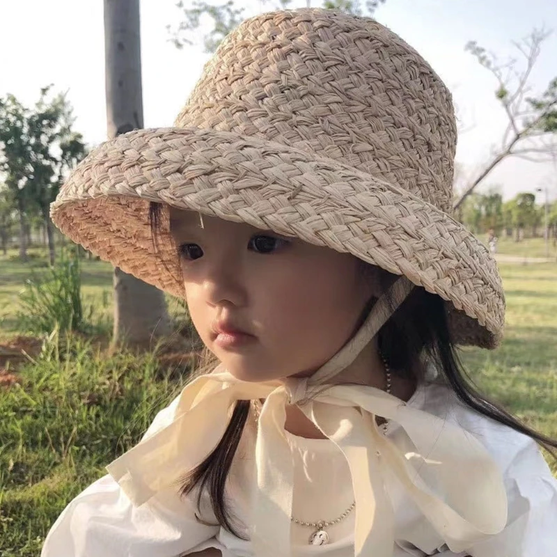 여아용 손으로 짠 빨대 모자, 여름 태양 쉐이드 버킷 햇, 넓은 챙 플랫 탑 모자, 레이스업 비치 캡, 사진 소품 모자