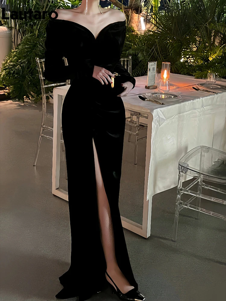 green emerald velvet dress Long Black Formal Dress with Three-Quarter Sleeves Black / 6 main image 0