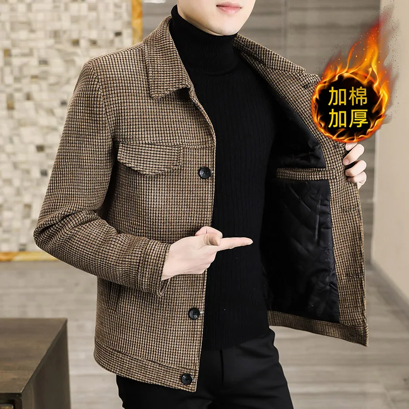 2023 울 혼방 트렌치 코트, 남성 트위드 코트, 짧은 Erkek Mont 슬림 격자 무늬 재킷