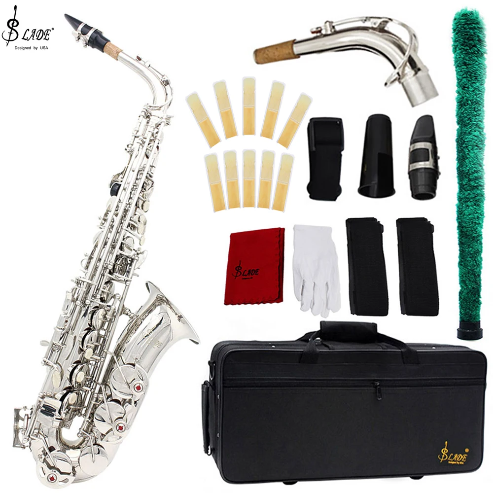 

SLADE Alto Saxophone Brass Body Carved White Shell Button Silver Eb Tonality Saxophone Instrument with Gloves Wiping Cloth Reed