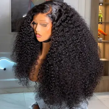 Kinky Curly Black Color Synthetic Soft Hair 13X4 HD Lace Frontal Wig For Women Prepucked Bleach Knots Glueless Wig Daily Party