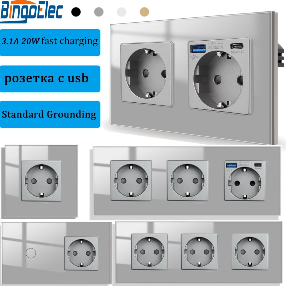 

Bingoelec EU Wall Electrical Sockets with USB Type-C Interfaces and 1/2/3Gang Touch Switch 1Way Wall Light Switch Розетка С Usb