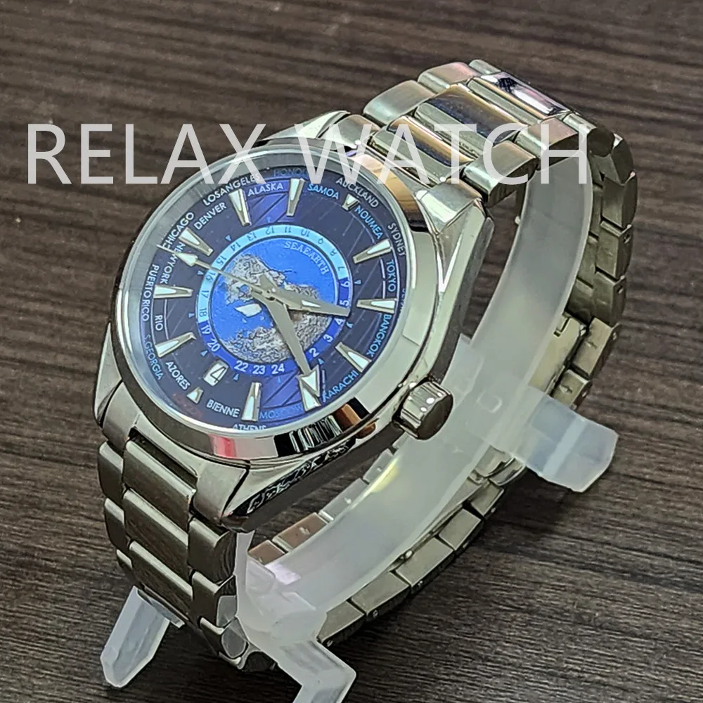 41mm Stainless Steel Watch Worldtimer 6 O'Clock Calendar Glass Back Nh35 Automatic Movement New 150