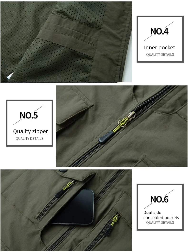 Wasserdichte ärmellose Weste für Herren, dünner vertikaler Kragen, atmungsaktive Qualitätsjacke, Weste mit mehreren Taschen für Angelfotografie – Detail 10