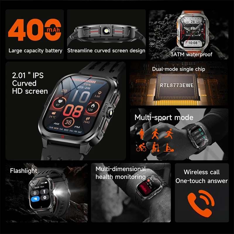 Military Smart Watch Men 2.01"HD 240*296 Screen 3ATM Waterproof Flashlight 400mAh Battery Heart Rate Sport BT Call Smartwatch