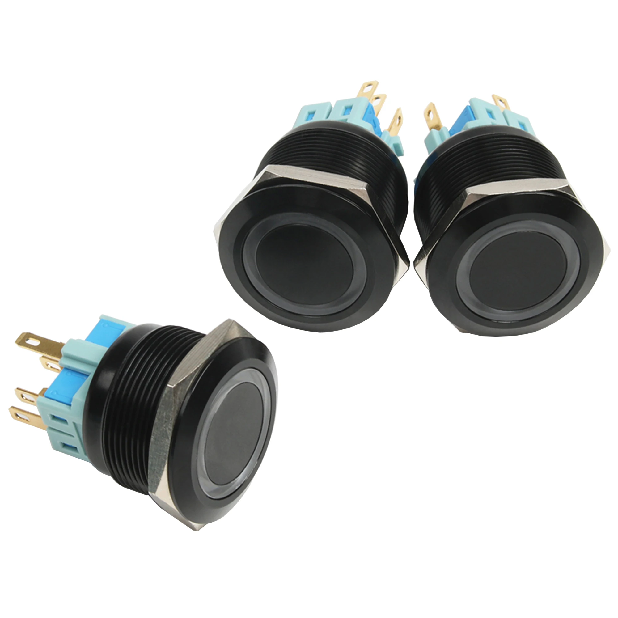 25mm 푸시 버튼 블랙 바디 블루 옐로우 화이트 그린 레드 링 조명 고정 버튼 스위치, 방수 래칭/순간