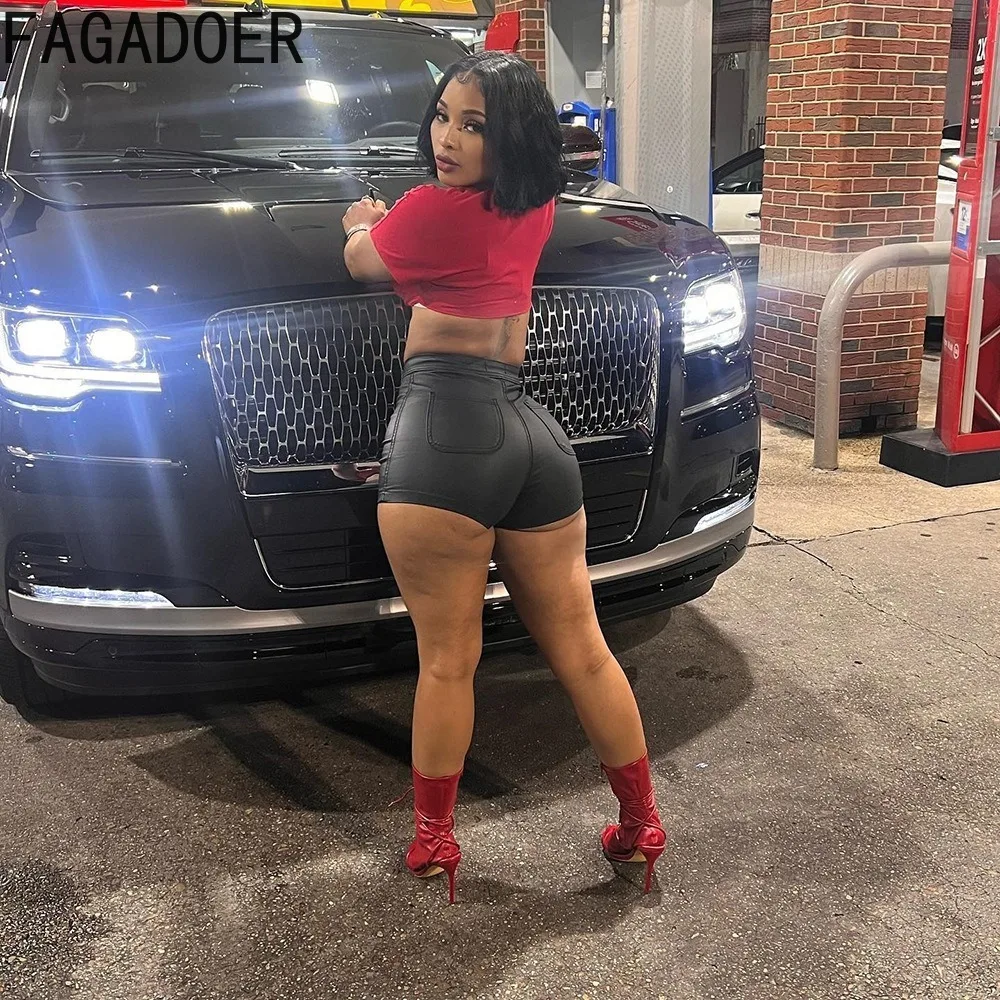 FAGADOER Summer New Solid Color PU Leather Shorts Women High Waisted Button Skinny Shorts Casual Female Matching Bottoms 2024