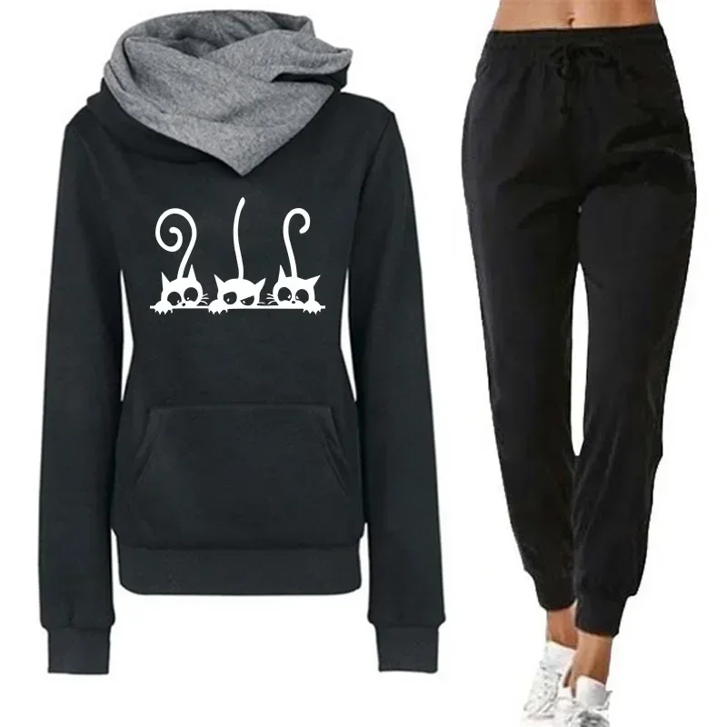 New Women Tracksuit Cute Cat Printed Hooded Sweatshirt and Sweatpants 2 Pieces Set Autumn High Quality Daily Casual Ladies Suit