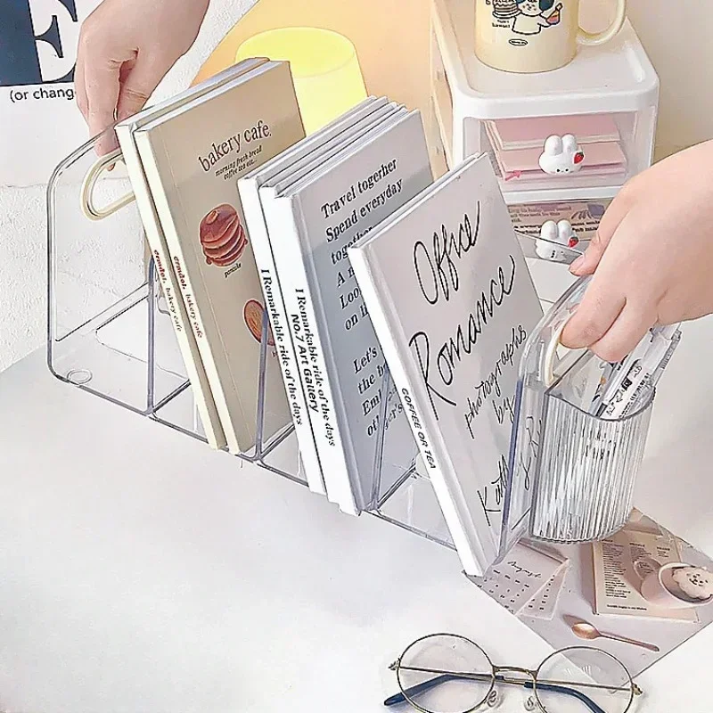 Book Organizer Convenient Clear Acrylic Bookends with Handle Desk Organizer Divided Book Stand Desktop Sorting Rack Study Supplies