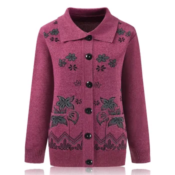 Print Mother Sweater Cardigan Top 60-80 Years Old Middle-Aged Elderly Women's Woolen Jacket Spring Autumn Knitted Shirt 1