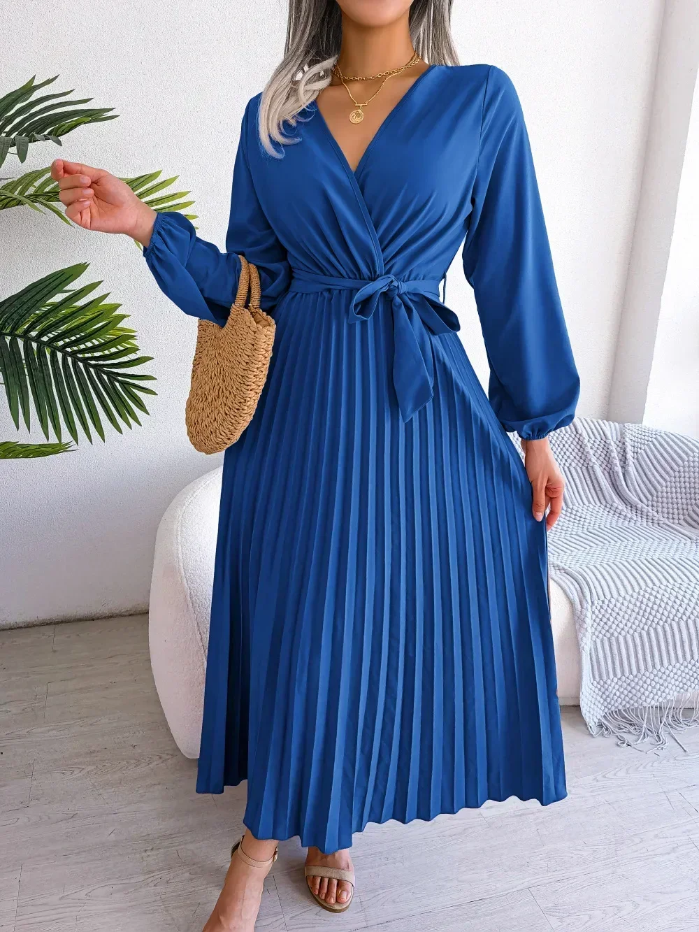 Sexy V-Neck Elegant Long Dresses Women Spring Autumn Solid Pleated Chiffon  Dress 2024 Casual Loose Fit Lady Draped Dresses Robe - AliExpress 200000345