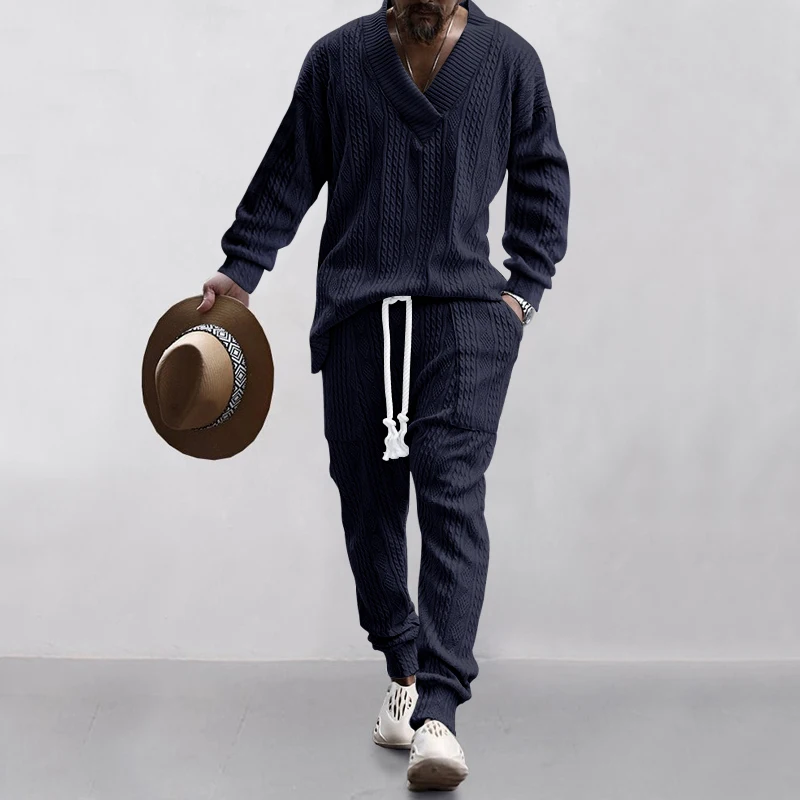 Men's V-Neck Long Sleeved Top And Pants Slim Fit Two-Piece Set, Fashionable Street Casual Knitted Solid Jacquard Sweater Set