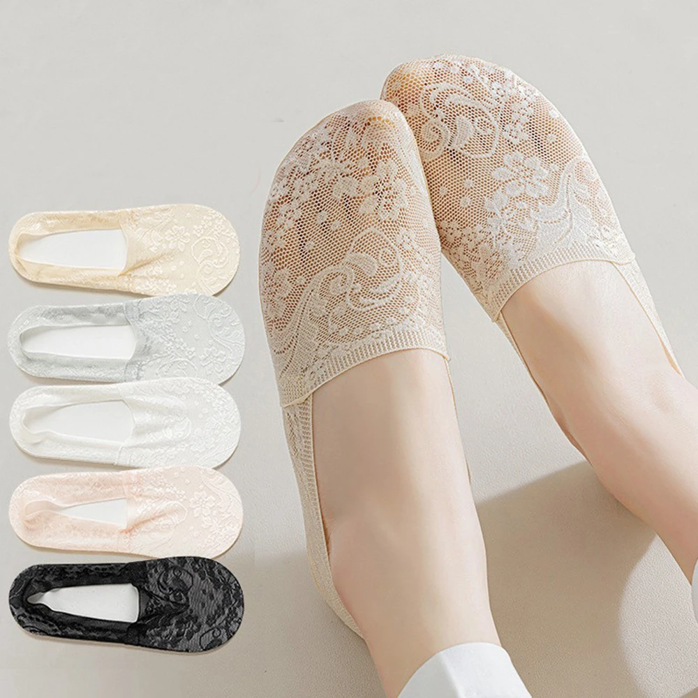 Invisible Silicone Non-slip Lace Flower Short Sock 1 Pairs Lace Breathable Socks Solid Color Ankle Socks Anti-slip Thin Hosiery