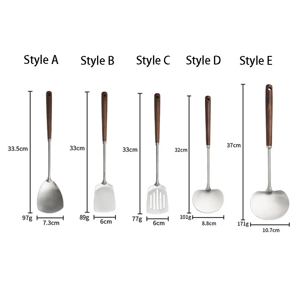 304 Stainless Steel Seamless Spatulas Wooden Handle Stainless Steel Cooking Shovel Long Handle Heavy Duty Fried Shovel