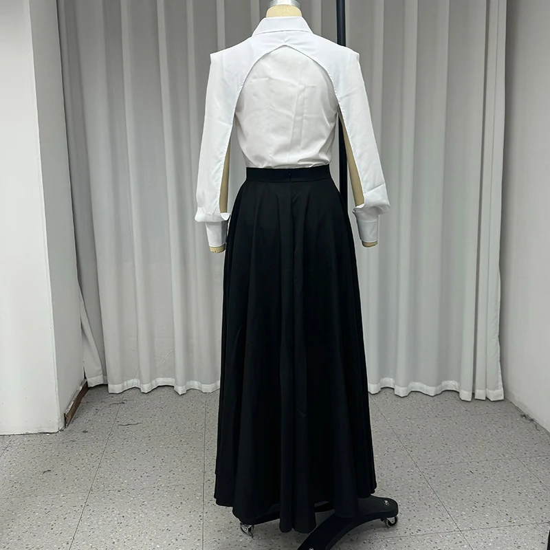 Wefads Autumn Winter Two Piece Set Elegant Solid Long Sleeve Hollow Out Laple Shirt Top Loose Black Dress Sets Women Clothing 6