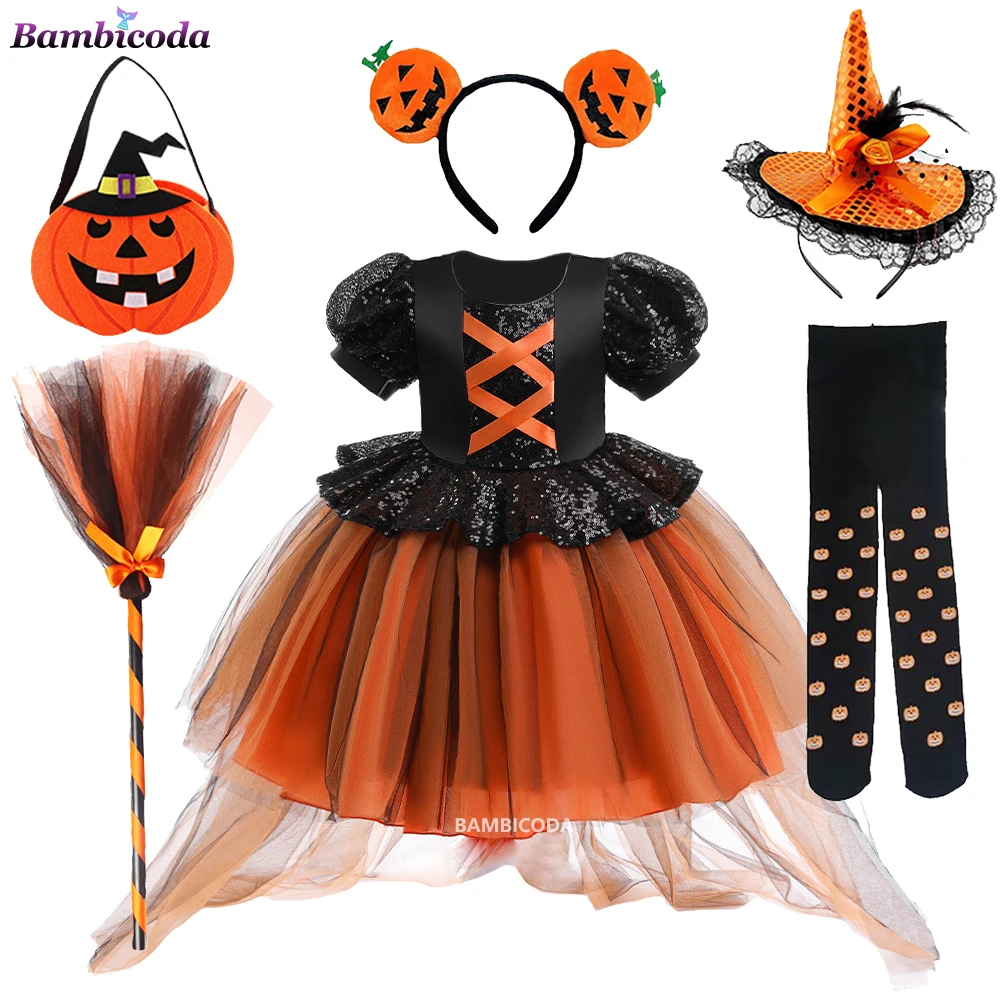 

2023 Girls Witch Costume Halloween Cosplay Dress Princess Dress With Hat For Kids Masquerade Carnival Party Dress Up Clothes
