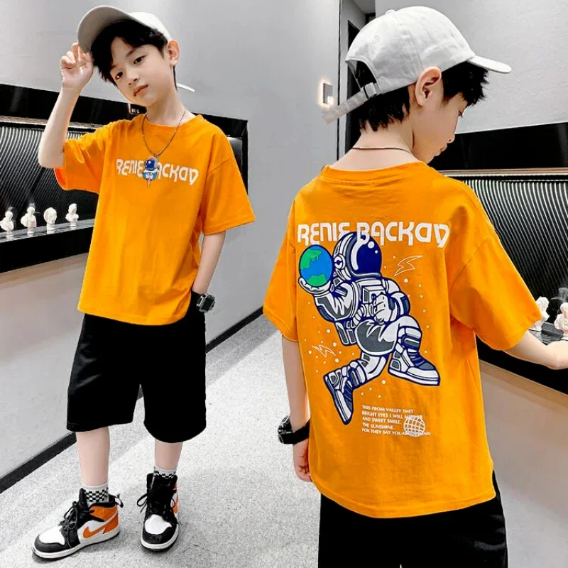 

100% Cotton Boys Summer Cartoon Graffiti Astro Print Girls Tees Short Sleeve Children Top High Quality Kids Clothes New