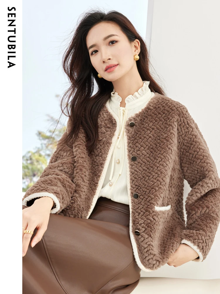 SENTUBILA Winter Faux Fur Coat Women 2023 Elegant Loose O-Neck Short Jacket Autumn Warm Granular Velvet Outerwear Top W34P50026