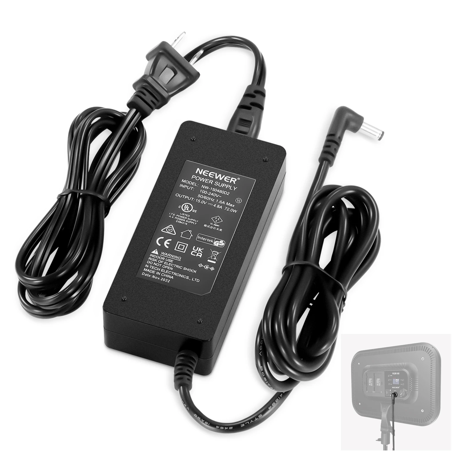 

NEEWER 15V 4.8A 72W Power Supply with 5.5mmx2.5mm Male DC Cord, 100-240V AC to DC Power Adapter for Ring Light RL18, LED Video