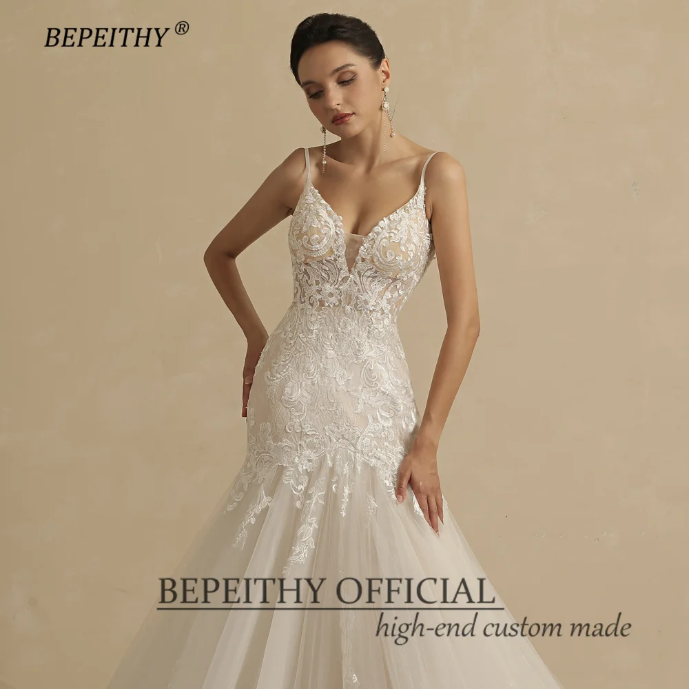 BEPEITHY Sexy Backless Trumpet Lace Wedding Dresses For Women 2022 Bride V Neck Sleeveless Ivory Summer Mermaid Bridal Gown