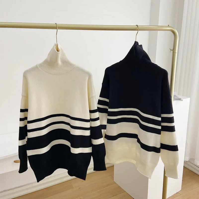 

2022 New Pullover Women Cardigan High Collar Loose Oversized Knitted Winter Striped Long Sleeve Korean Design