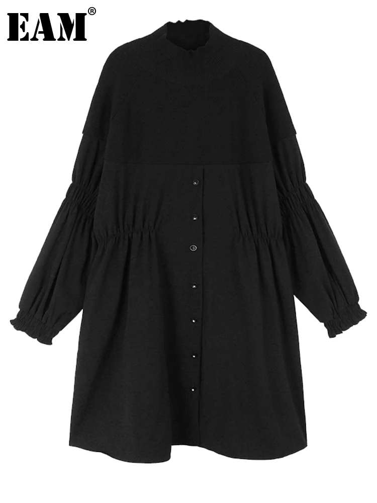 

[EAM] Women Black Knitting Pleated Big Size Dress New Turtleneck Long Sleeve Loose Fit Fashion Tide Spring Autumn 2024 1DH3493