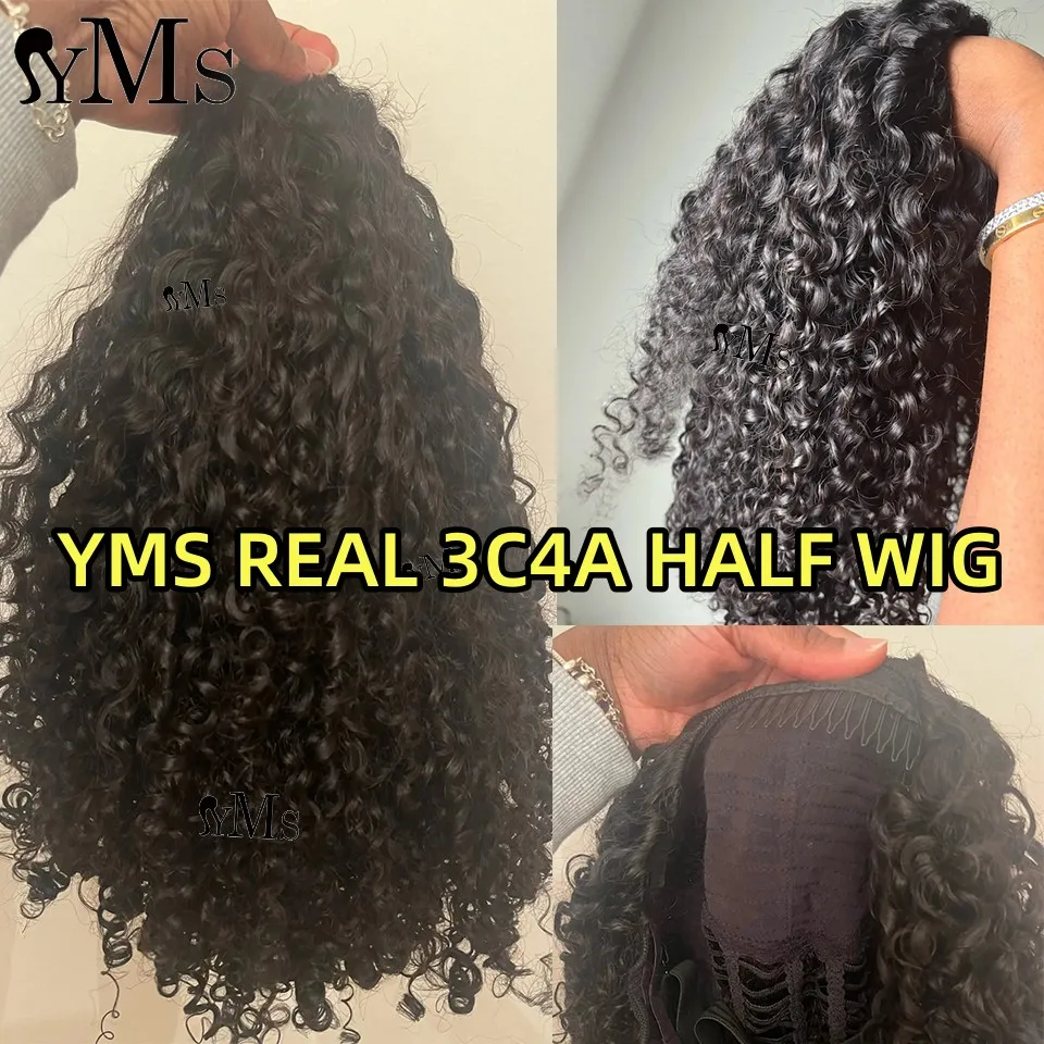 Burmese 3C4A Curly Invisible Half Wigs Human Hair 350% Density 3C4A Burmese Natural Curly Adjustable 3/4 Half Wig Women human hair wigs