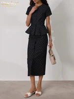 Clacive Summer Slim Print Skirts Set 2 Piece Woman 2025 Fashion Short Sleeve Shirt With High Waist Midi Skirt Set Streetwear - Image 4
