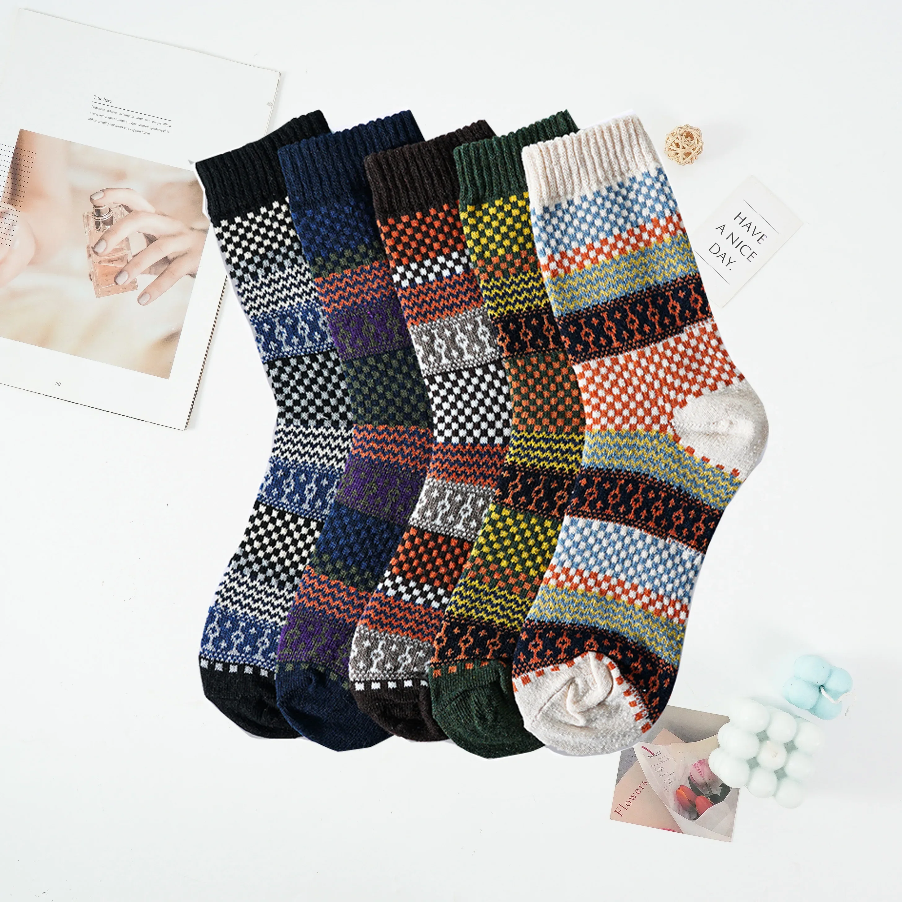 5PairsLotTerryThickenColorPatchworkMensWarmWoolWinterAutumn