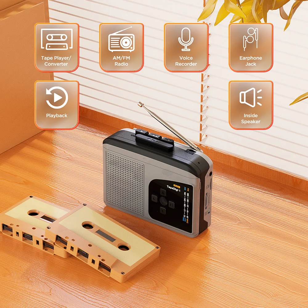 ezcap234 USB Cassette Player w/ Tape-to-MP3 Converter Built-in Speaker Microphone Portable Walkman Voice Recorder Support AM/FM
