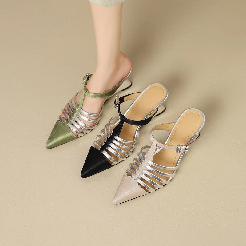 

2024 Summer New Women's Sandals 34-39 Foot Length 22-24.5cm cowhide+pigskin pointed t-strap buckle mules wedges women Shoes