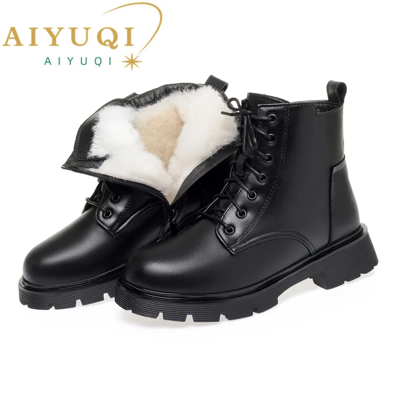 

Women Winter Boots Genuine Leather 2024 New Fashion Wool Warm Women Ankle Boots Large Size British Style Women Motorcycle Boots