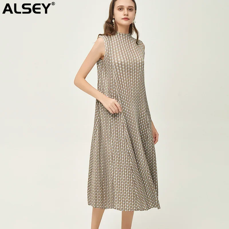 

Платье ALSEY Miyake женское с принтом тысячи птиц, Элегантное летнее плиссированное платье без рукавов с воротником-стойкой, жилет