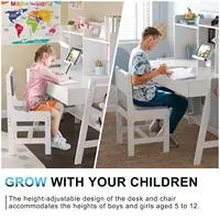 Kids Study Desk and Chair Set, Adjustable Children Study Table with Chair, Kids Wooden Desk with Hutch, Drawers, Book Stand, Whi 4