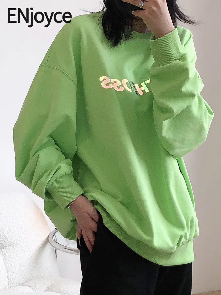

ENjoyce Autumn Women Fashion Reflective Letter Print Green Hoodies Sweatshirt Streetwear Korean Clothes Loose Pullovers Hip Hop