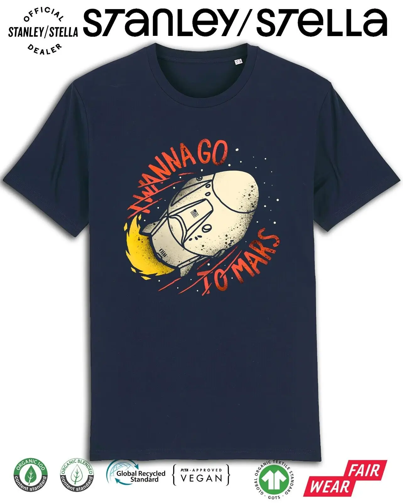 T-Shirt Da Uomo Wanna Go To Mars Space Mission Planets In Cotone Organico Rocket Tee