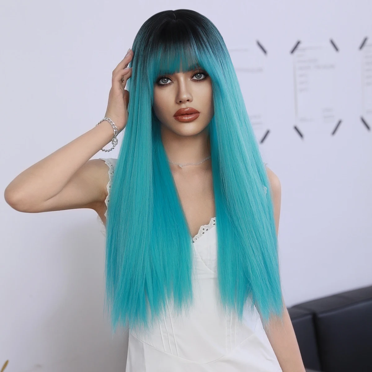 Synthetic Long Straight Black Ombre Light Blue Wig for Women High