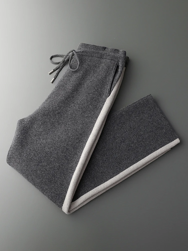 Autumn Winter New Merino Wool Pants Men's High Waist Wide Leg Pants Thickened Jacquard Contrast Casual Knitted