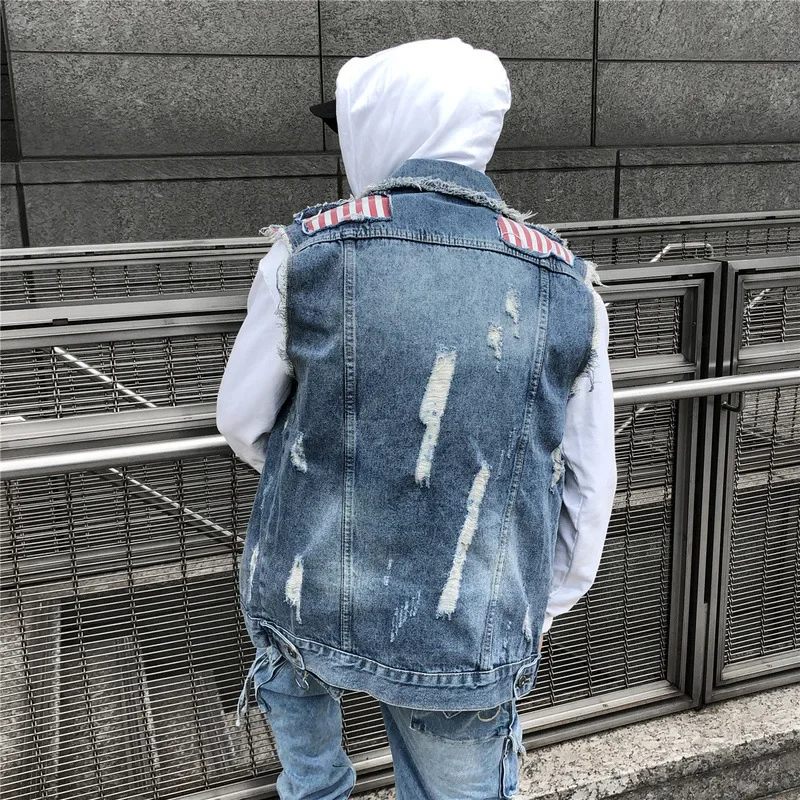 European And American Hip Hop Street Style Denim Clothing For Couples Without Sleeves Motorcycle Rider Jacket