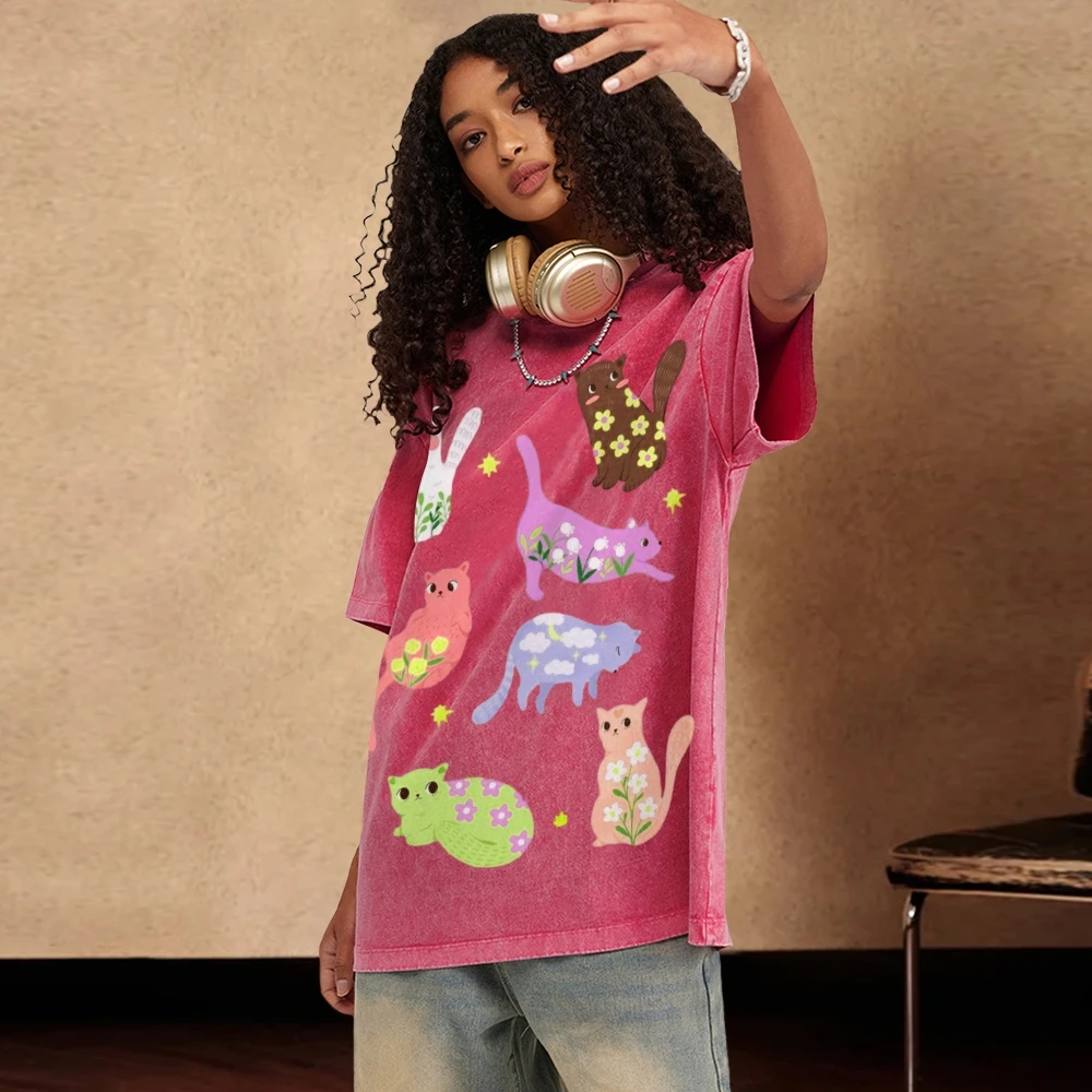 

Cartoon Animal Print Women Distressed T-Shirt Oversized Vintage Distressed Short Sleeve Unisex Wash Crew Neck Fashion Cute Top