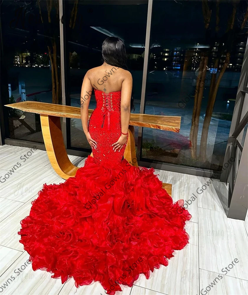 Women Prom Dresses Red Strapless Sequin Long Black Girl Bead Crystal Birthday Luxury Dress Tassel Ruffles Evening Gown Customized