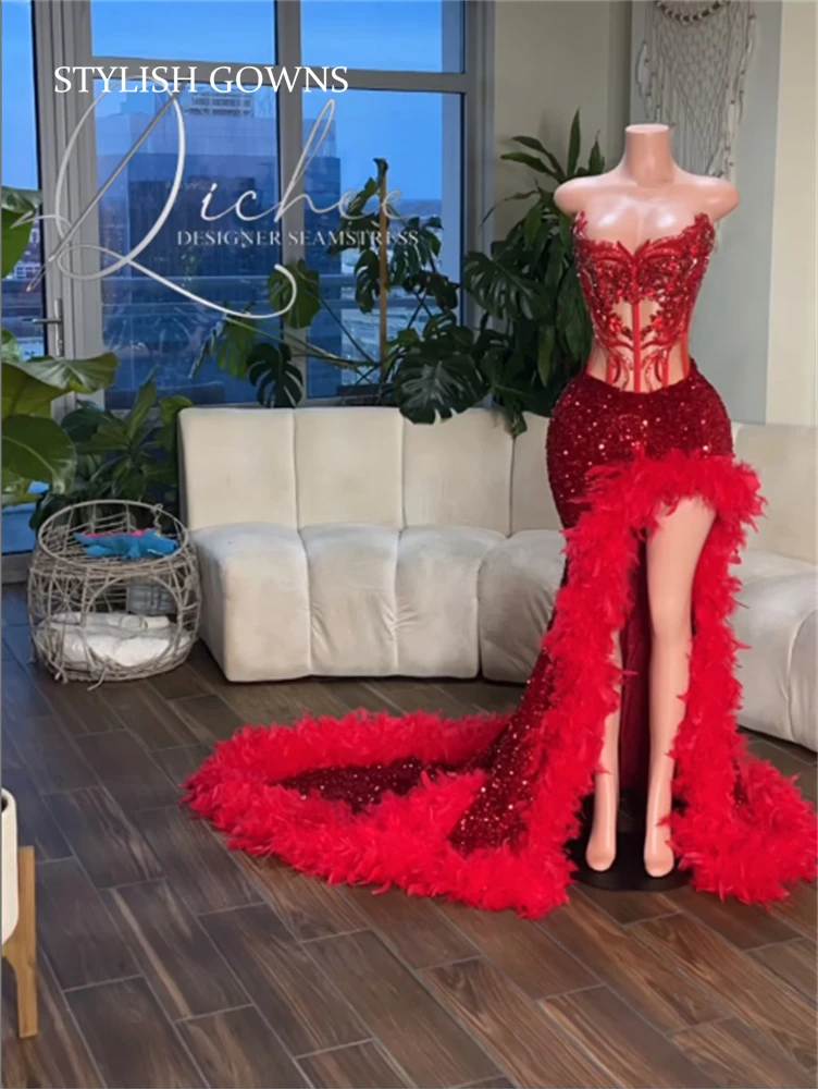 

Red Sweetheart Long Prom Dress For Black Girls 2024 Black Girls Sequined Birthday Party Dresses Feather Formal Gown Slit Evening